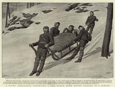 Una nuova ambulanza, trasportando una donna malata giù dal Monte Pilatus su una slitta da Robert Barnes